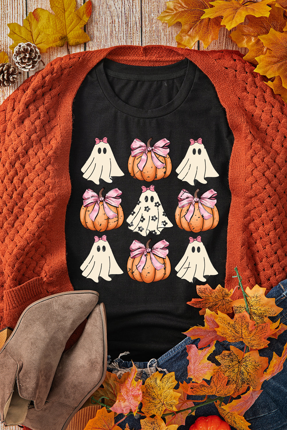 Black Bowknot Ghost Pumpkin Graphic Halloween T Shirt-Graphic/Graphic Tees-[Adult]-[Female]-2022 Online Blue Zone Planet