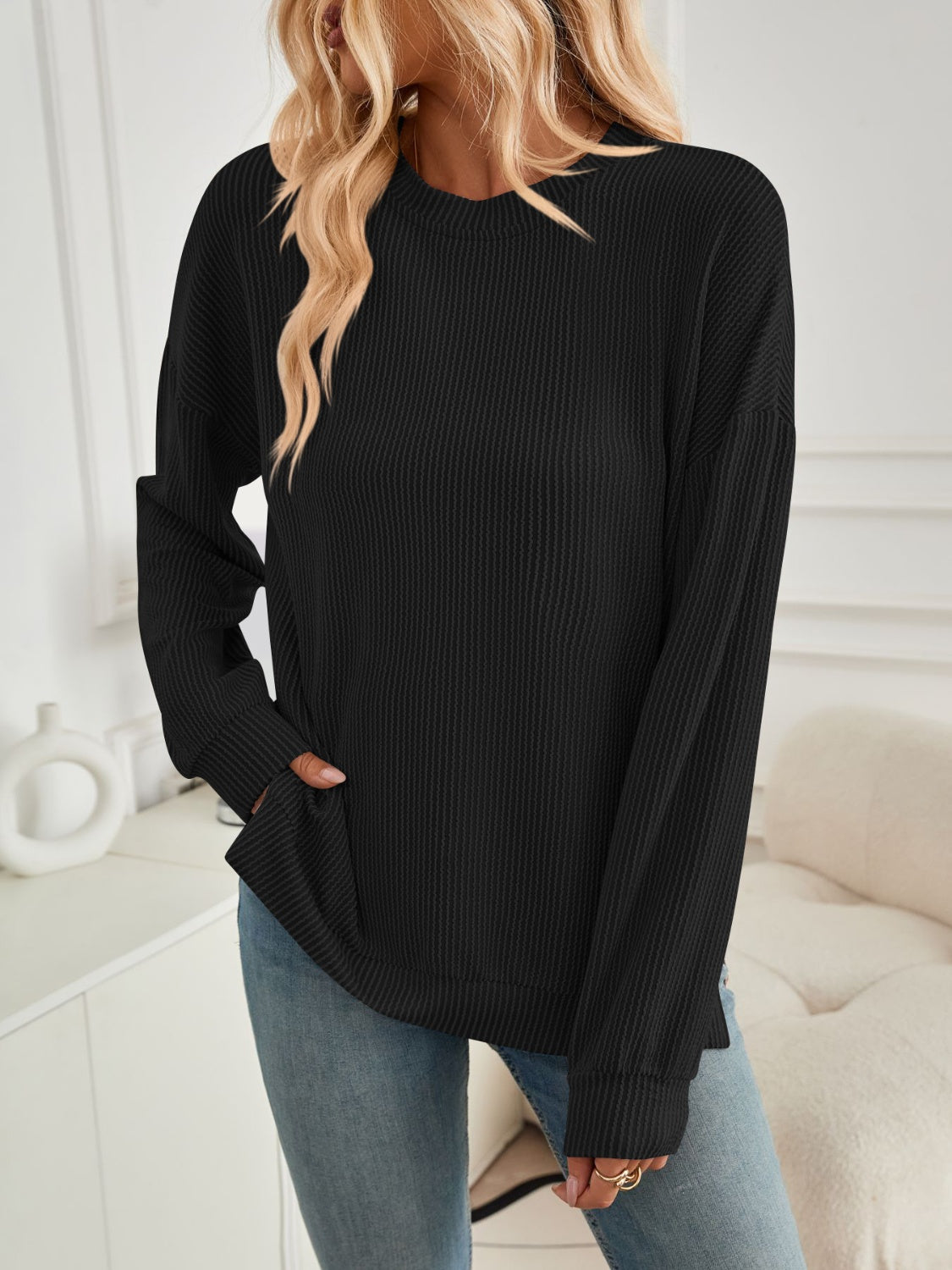 Blue Zone Planet | Lovelet Slit Round Neck Long Sleeve Sweatshirt-TOPS / DRESSES-[Adult]-[Female]-2022 Online Blue Zone Planet