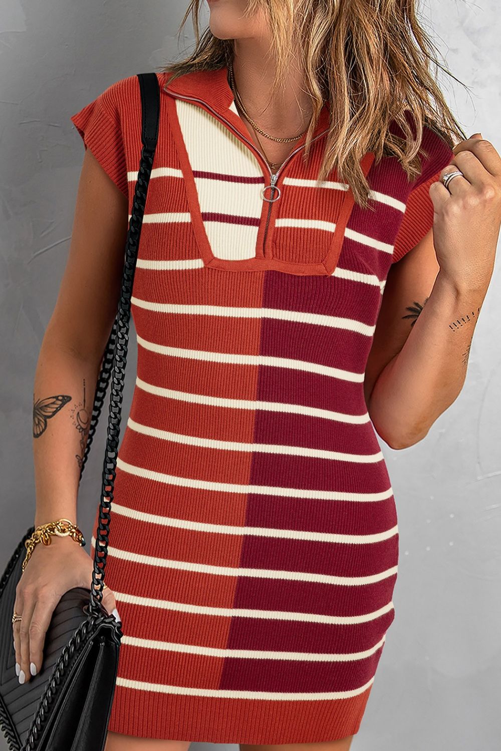 Striped Quarter Zip Cap Sleeve Sweater Dress-TOPS / DRESSES-[Adult]-[Female]-Terracotta-S-2022 Online Blue Zone Planet