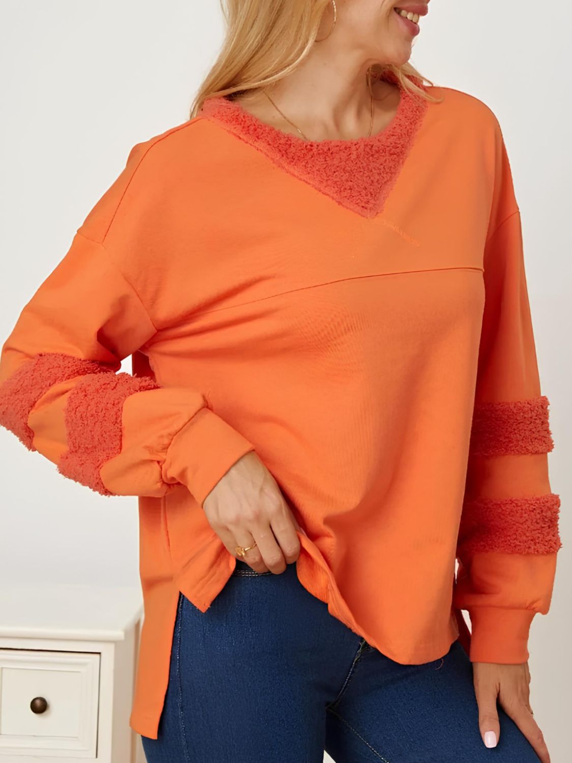 High-Low Round Neck Long Sleeve Sweatshirt-TOPS / DRESSES-[Adult]-[Female]-Orange-S-2022 Online Blue Zone Planet