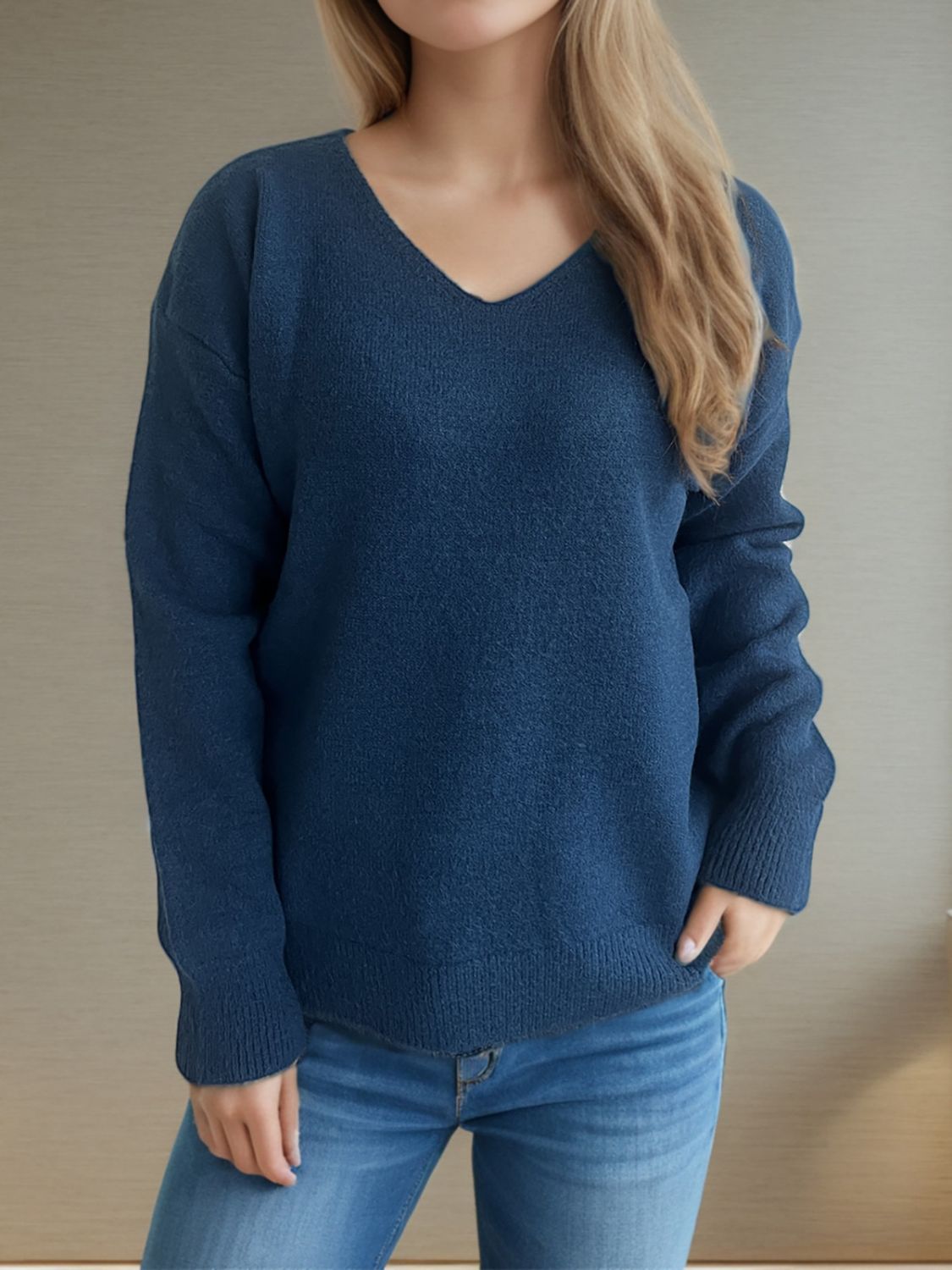 Blue Zone Planet | V-Neck Dropped Shoulder Long Sleeve Sweater-TOPS / DRESSES-[Adult]-[Female]-Peacock Blue-One Size-2022 Online Blue Zone Planet