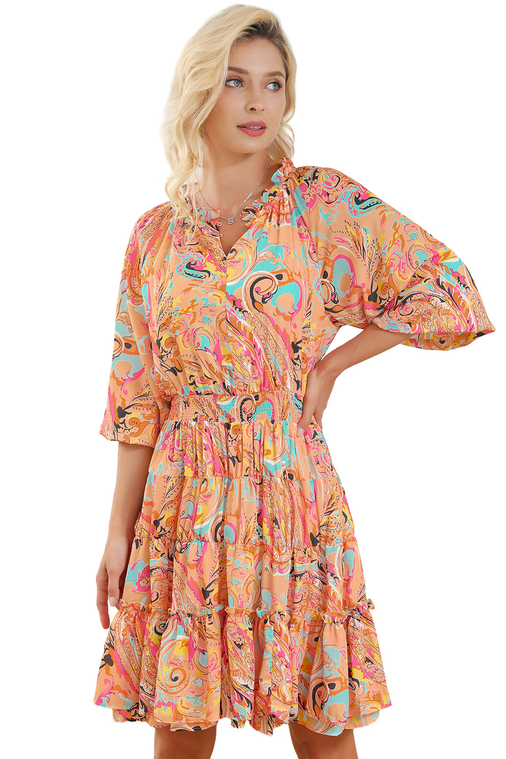 Blue Zone Planet | Multicolour Paisley Print Frilled Mini Dress-TOPS / DRESSES-[Adult]-[Female]-2022 Online Blue Zone Planet