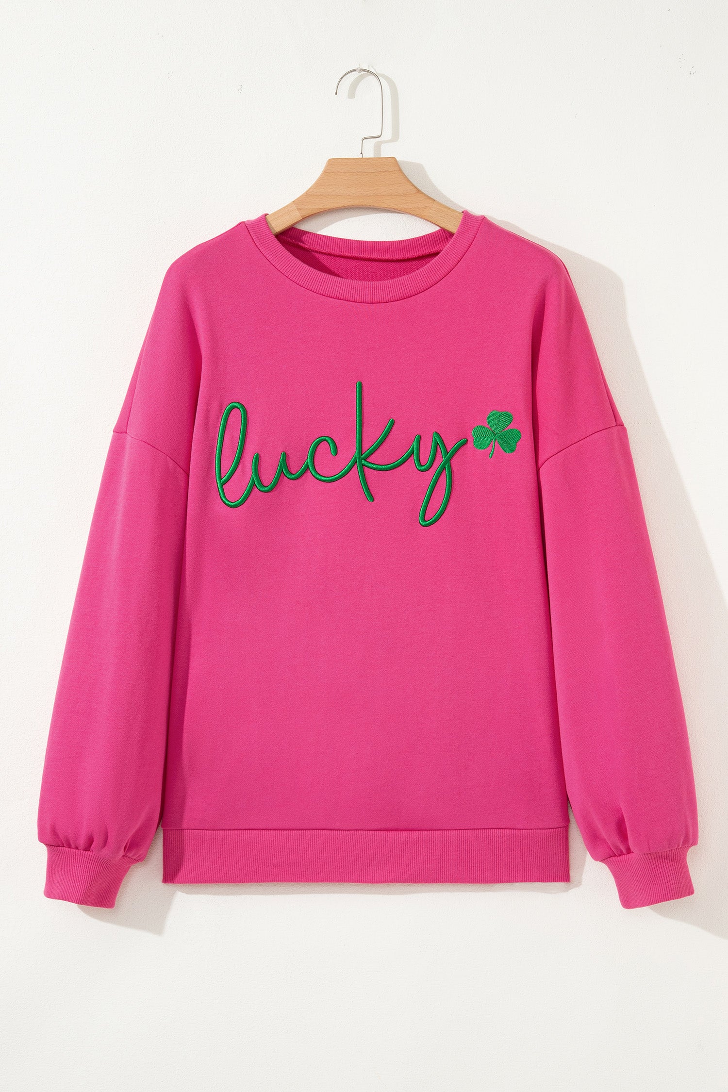 Rose Red Lucky Clover Embroidered Loose Pullover Sweatshirt-Tops/Sweatshirts & Hoodies-[Adult]-[Female]-2022 Online Blue Zone Planet