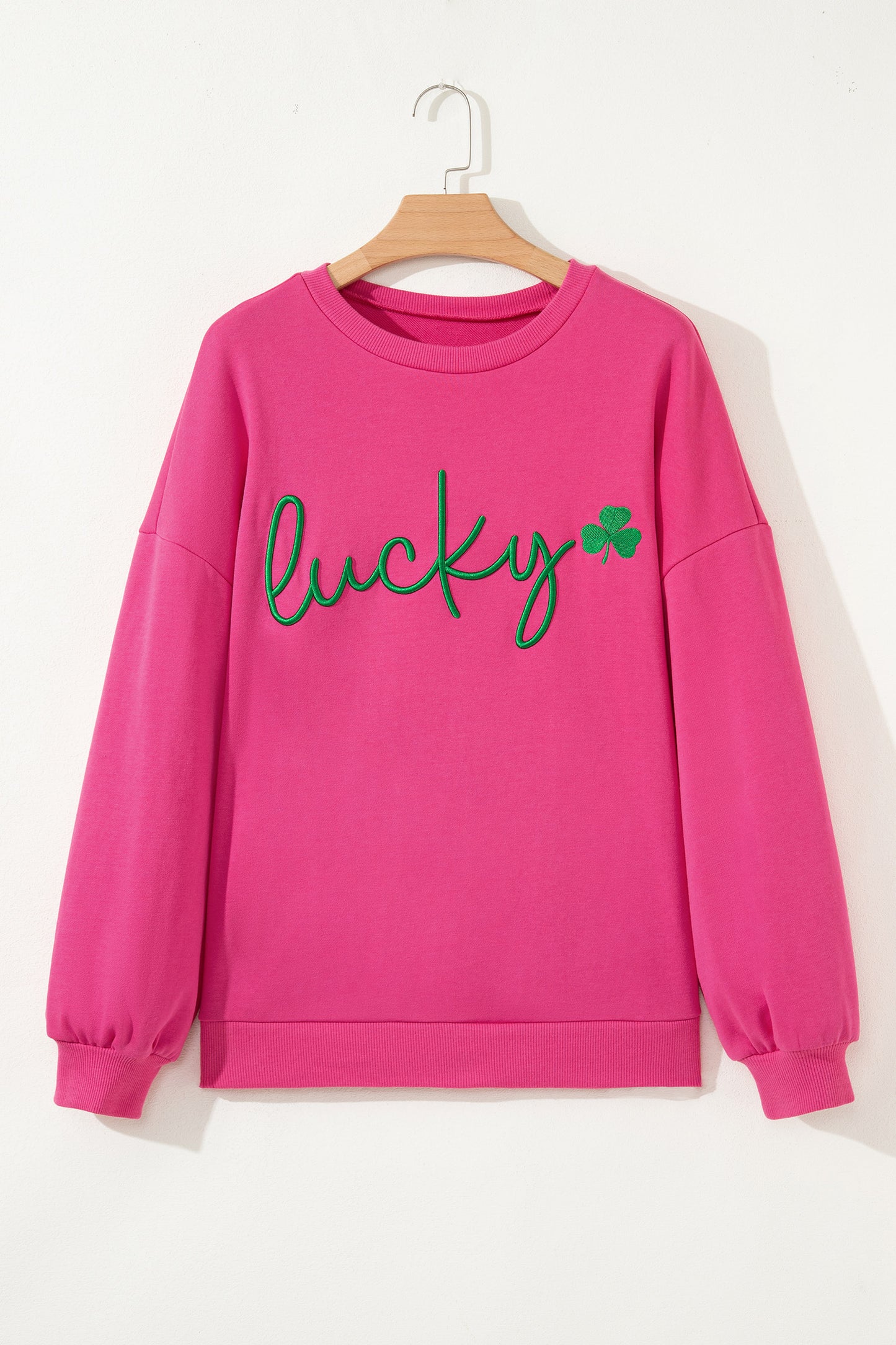 Rose Red Lucky Clover Embroidered Loose Pullover Sweatshirt-Sweatshirts & Hoodies-[Adult]-[Female]-2022 Online Blue Zone Planet