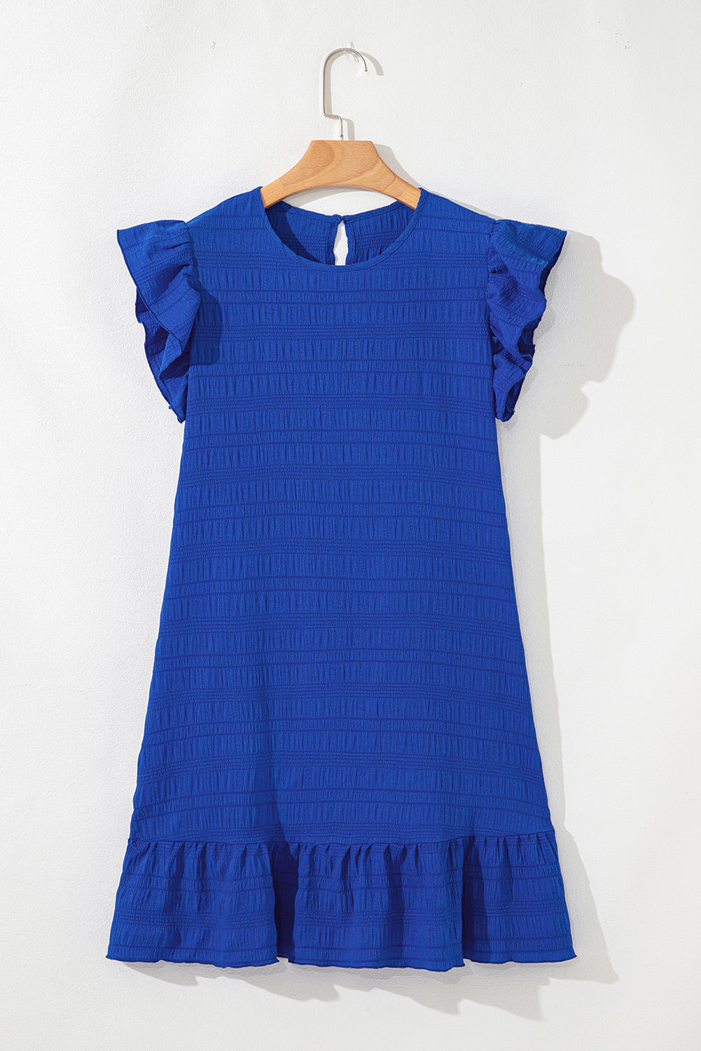 Dark Blue Textured Flutter Sleeve Ruffled Mini Dress-TOPS / DRESSES-[Adult]-[Female]-2022 Online Blue Zone Planet