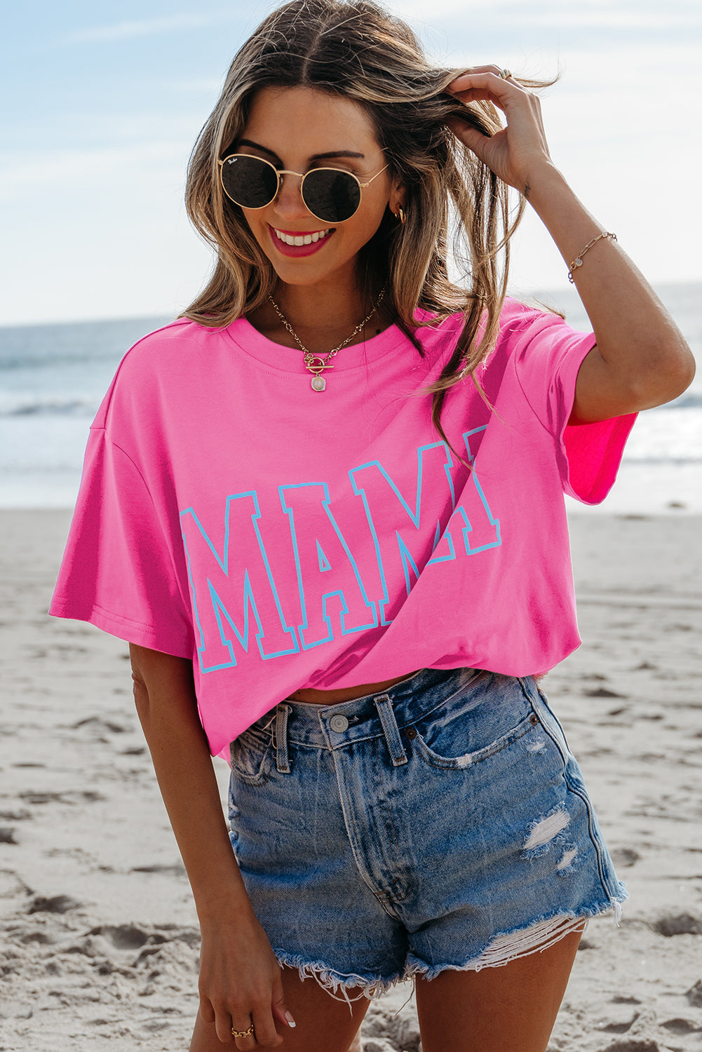 Bright Pink MAMA Letter Graphic Neon T Shirt-Graphic/Graphic Tees-[Adult]-[Female]-2022 Online Blue Zone Planet