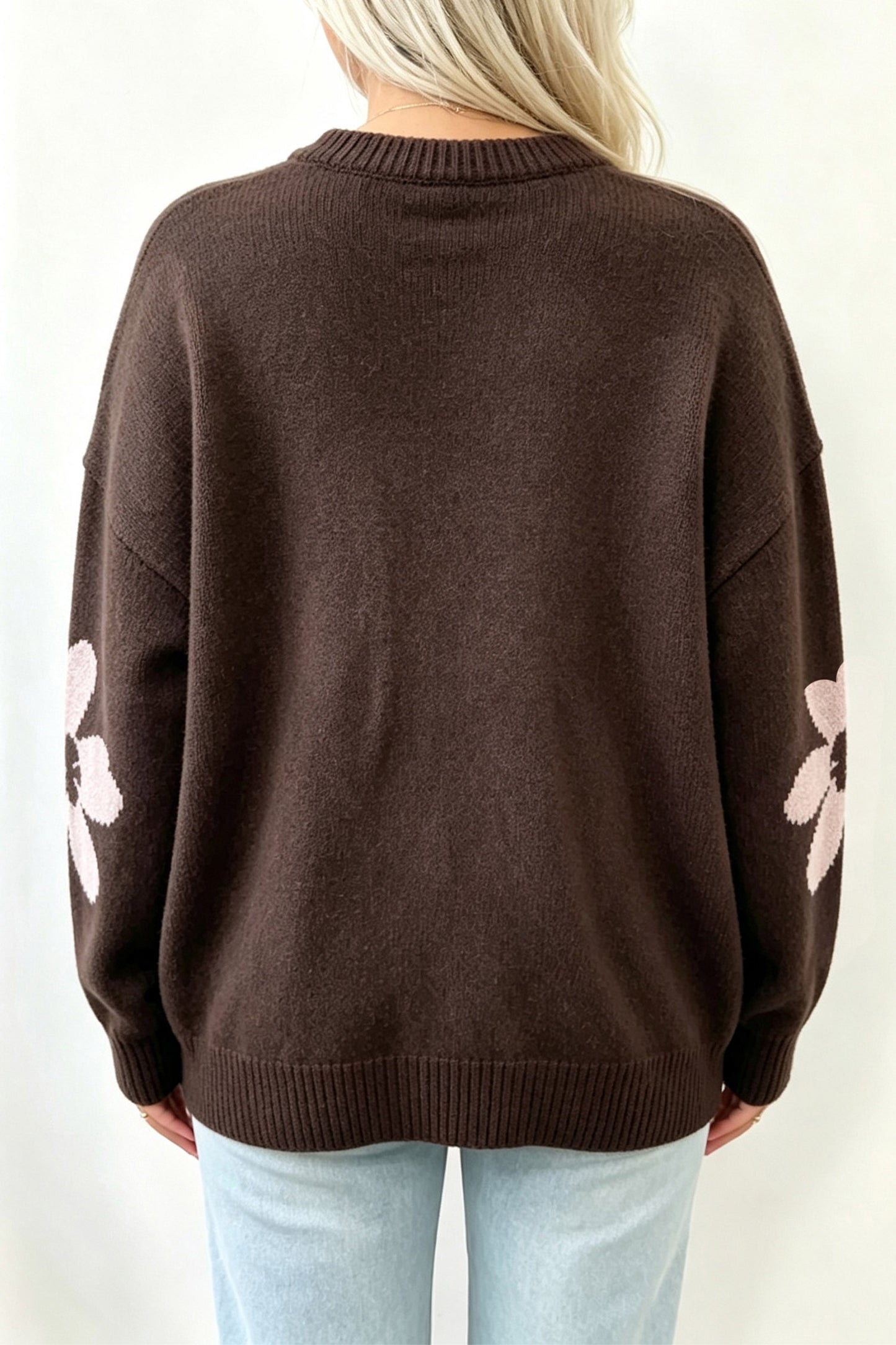 Chicory Coffee Cozy Floral Print Round Neck Dropped Shoulder Casual Sweater