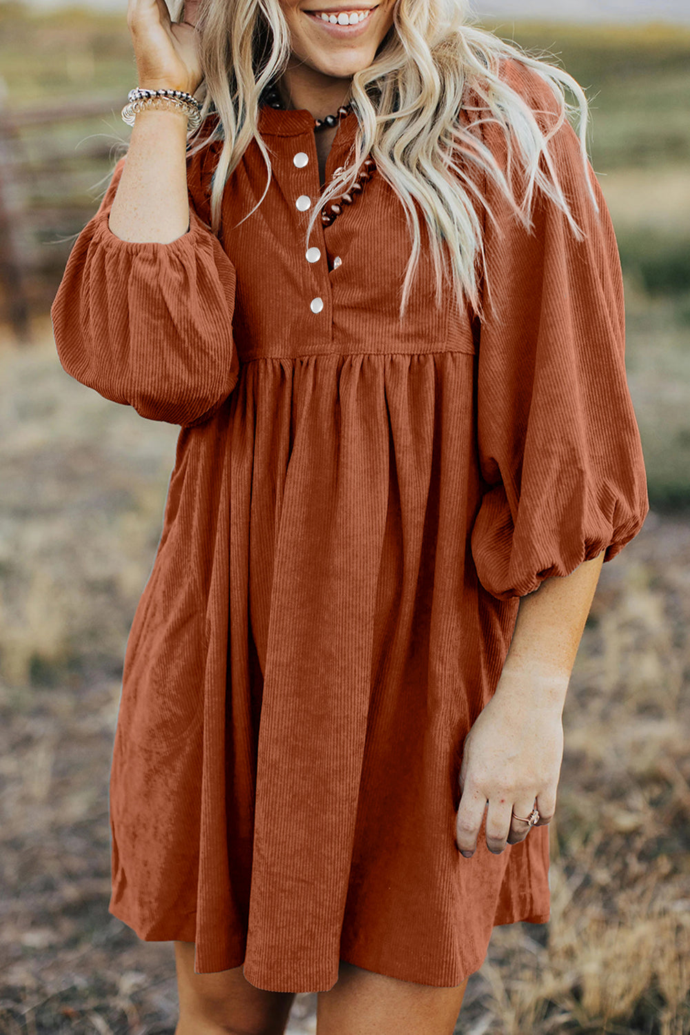 Corduroy Snap Buttons Empire Waist Bracelet Sleeve Dress - Sunny Angela Gold Flame / XL Corduroy Snap Buttons Empire Waist Bracelet Sleeve Dress - Sunny Angela Gold Flame / XL