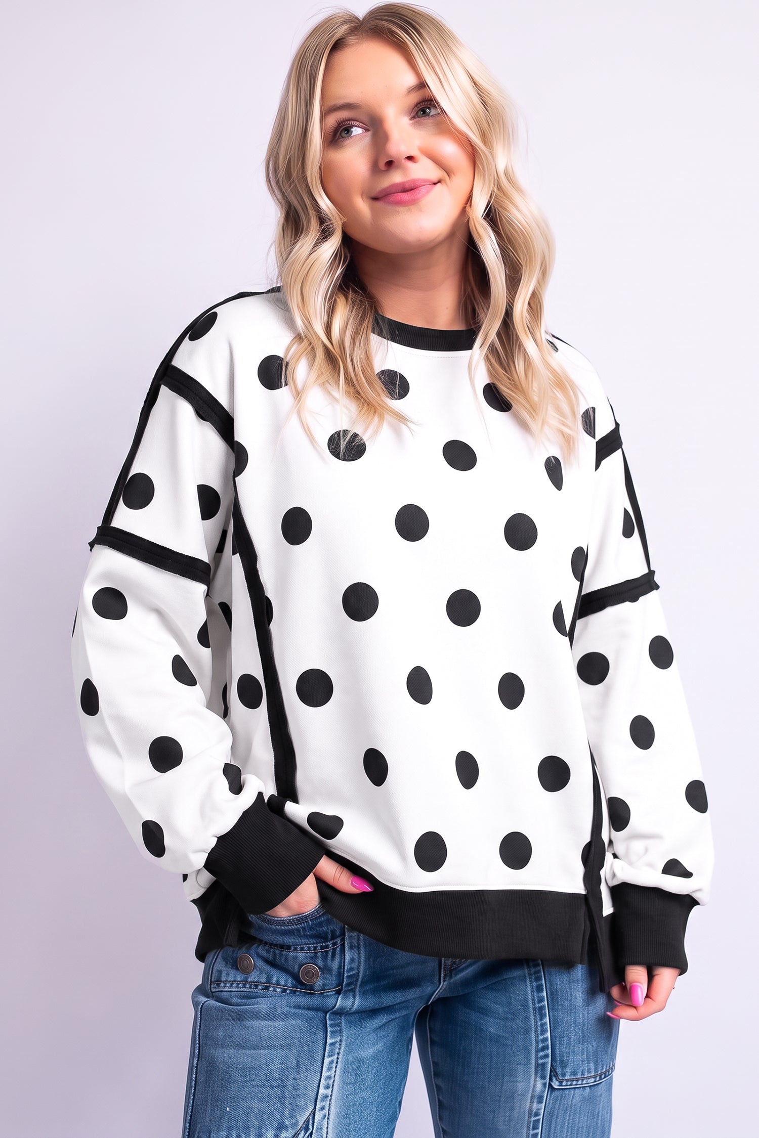 White Polka Dot Contrast Patchwork Round Neck Baggy Sweatshirt-Tops/Sweatshirts & Hoodies-[Adult]-[Female]-2022 Online Blue Zone Planet