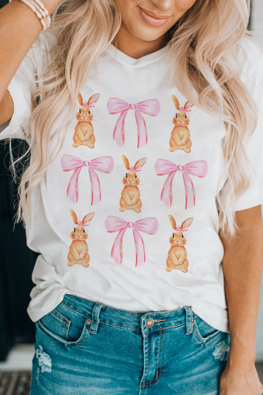 White Rabbit Bow Knot Print Crew Neck T Shirt-Graphic/Graphic Tees-[Adult]-[Female]-2022 Online Blue Zone Planet