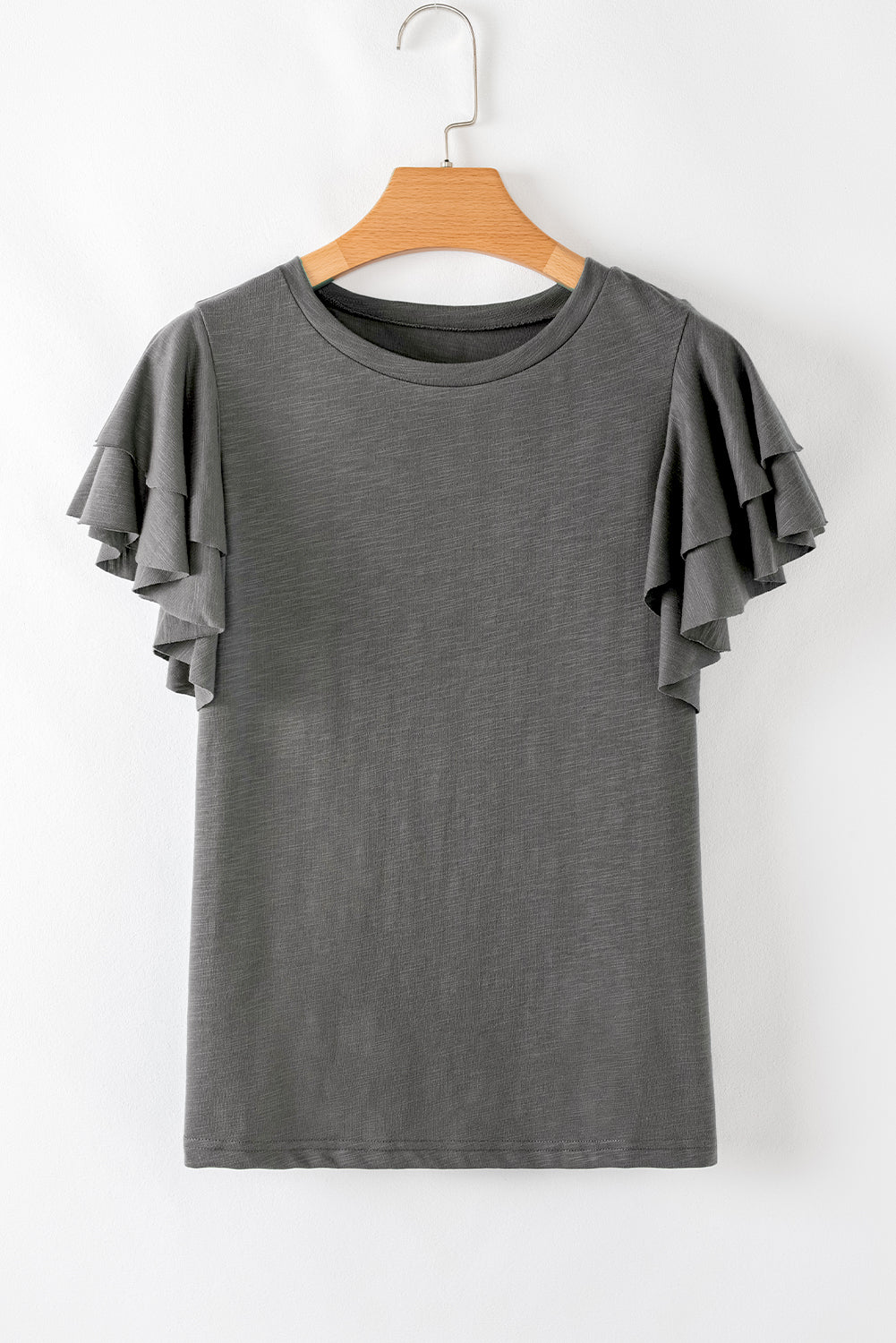 Dark Grey Layered Ruffle Short Sleeve Round Neck Top-Tops/Tops & Tees-[Adult]-[Female]-2022 Online Blue Zone Planet