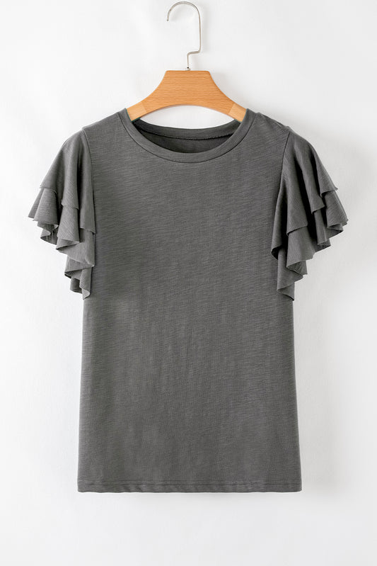 Dark Grey Layered Ruffle Short Sleeve Round Neck Top-Tops/Tops & Tees-[Adult]-[Female]-2022 Online Blue Zone Planet