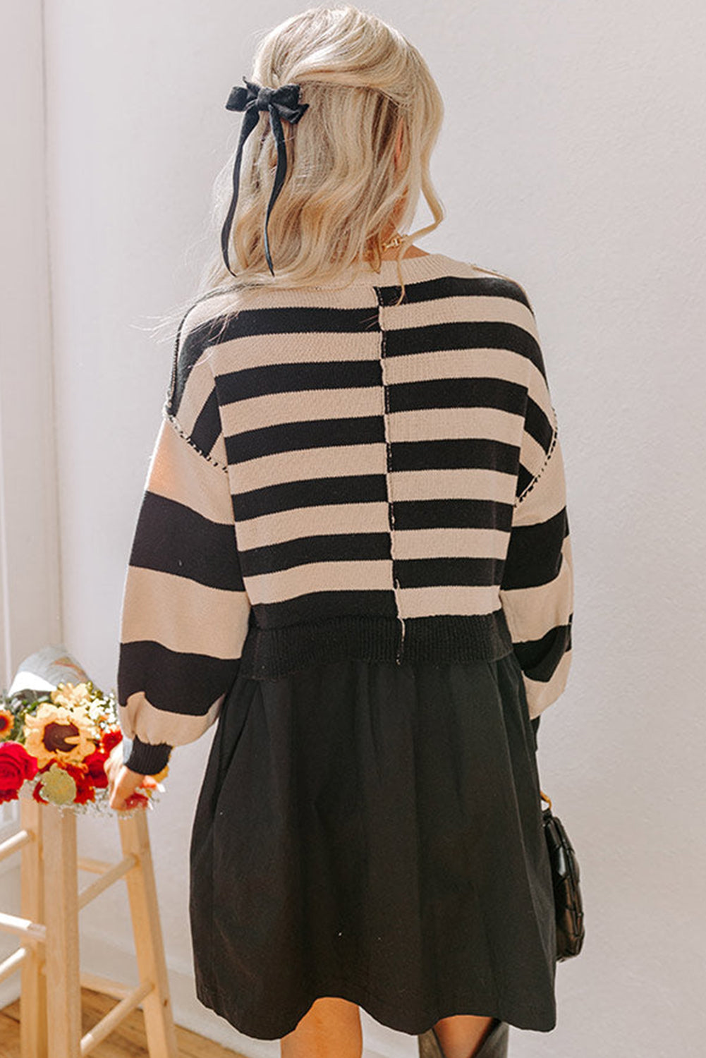 Black Stripe Two in One Knitted Top High Waist Splicing Hem Sweater Dress-TOPS / DRESSES-[Adult]-[Female]-2022 Online Blue Zone Planet