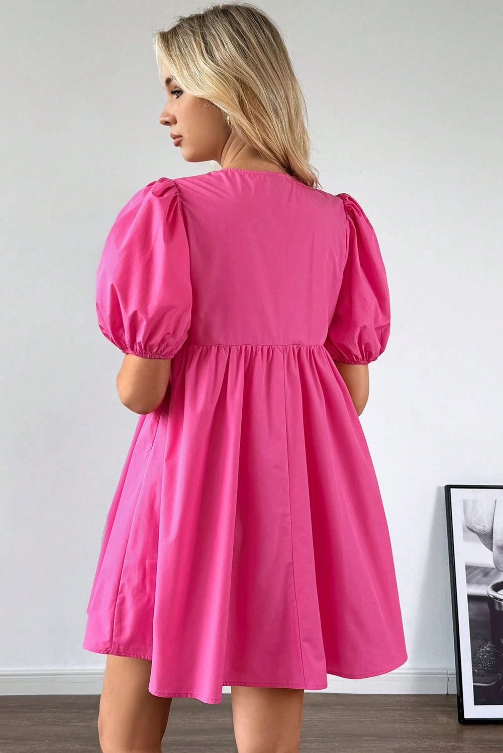 Bright Pink Tie Front Puff Sleeve Mini Dress-Short Dresses-[Adult]-[Female]-2022 Online Blue Zone Planet