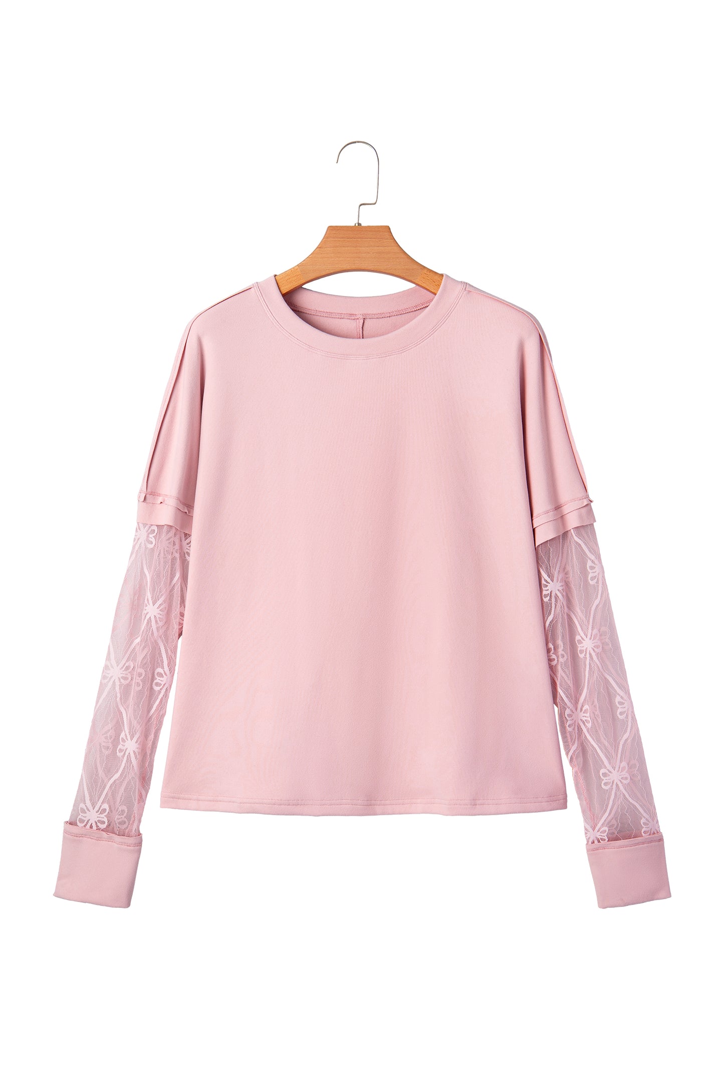 Light Pink Solid Color Bow Textured Patchwork Long Sleeve Tee-Tops/Long Sleeve Tops-[Adult]-[Female]-2022 Online Blue Zone Planet