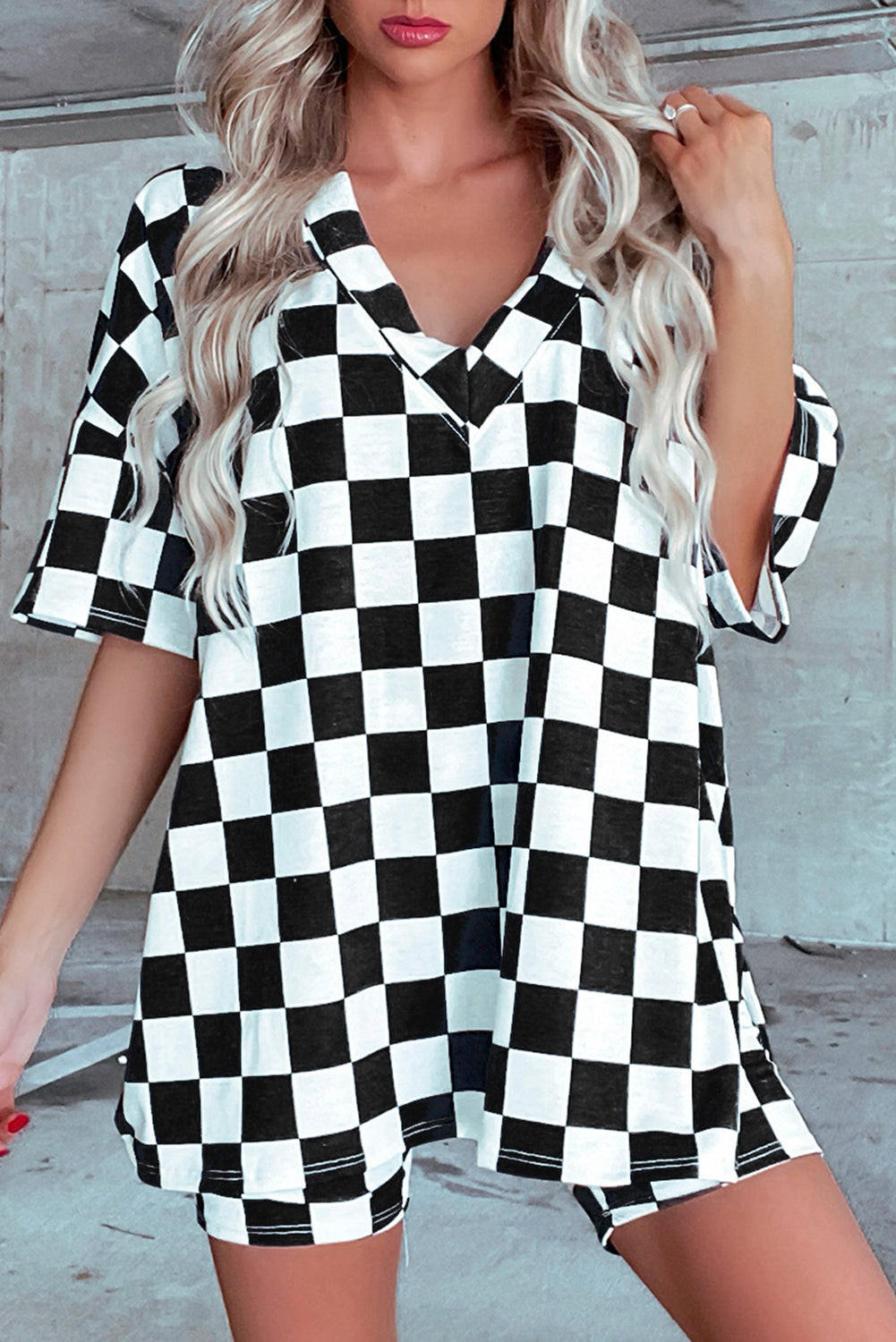 Black Checkerboard Print V Neck Loose Tee and Shorts Lounge Set-Loungewear & Sleepwear/Loungewear-[Adult]-[Female]-Black-S-2022 Online Blue Zone Planet