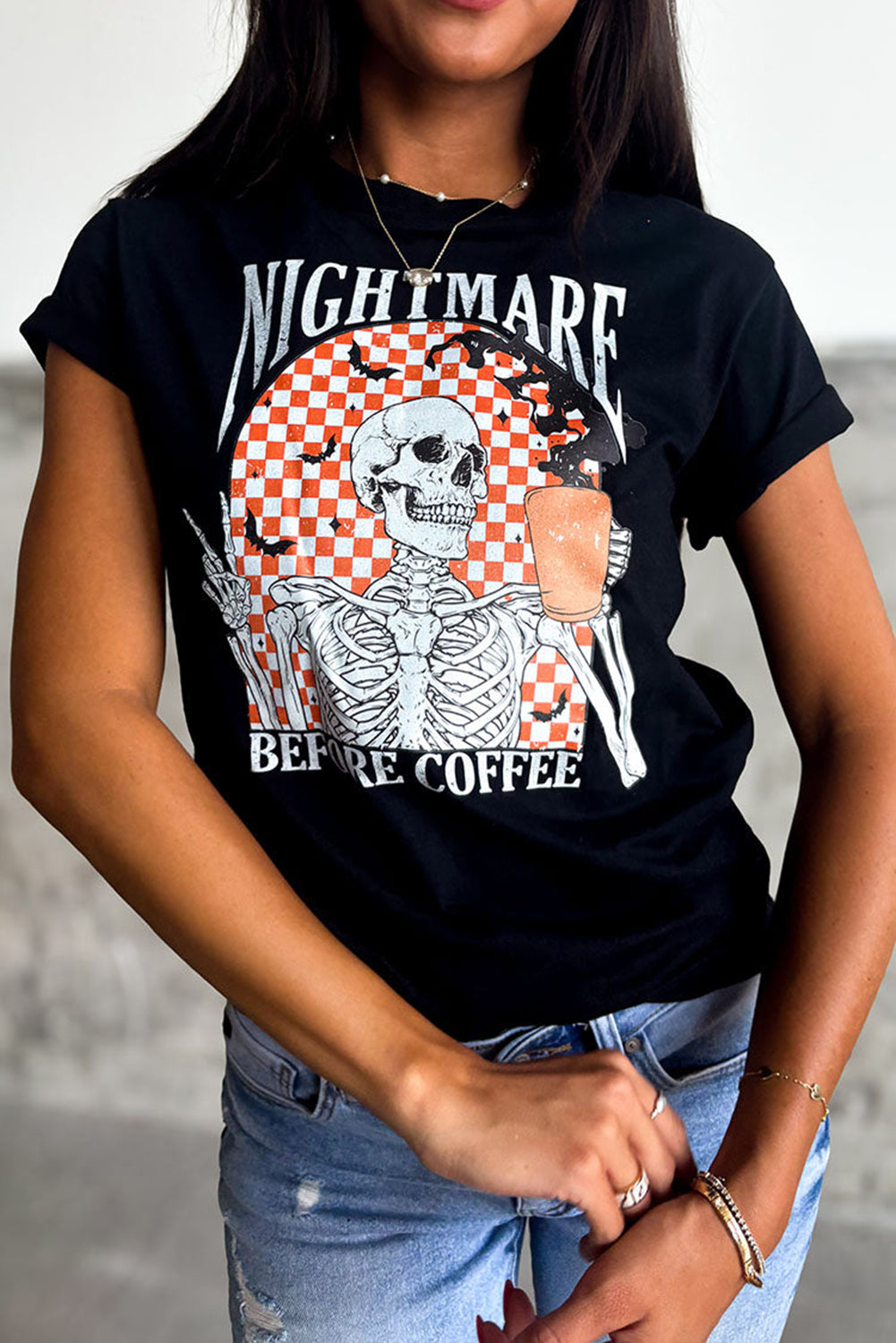 Black Nightmare Before Coffee Skull Checkerboard Graphic Halloween Tee-Graphic/Graphic Tees-[Adult]-[Female]-2022 Online Blue Zone Planet