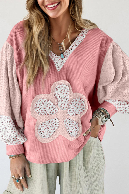 Pink Floral Patched Waffle Textured Colorblock V Neck Casual Hooded Top-Tops / Dresses-[Adult]-[Female]-Pink-S-2022 Online Blue Zone Planet