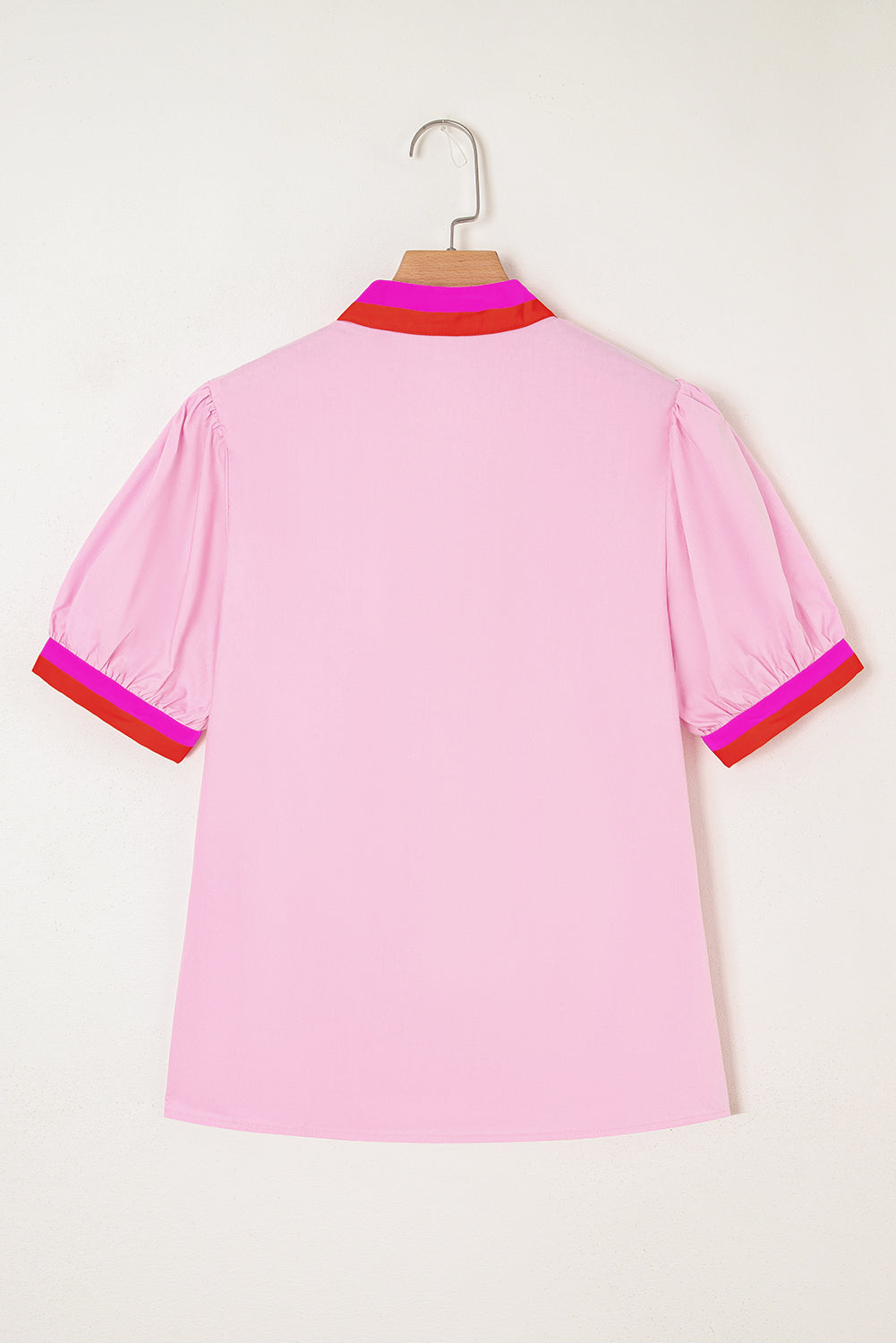 Pink Contrast Striped V Neck Collision Short Puff Sleeve Blouse-Tops/Blouses & Shirts-[Adult]-[Female]-2022 Online Blue Zone Planet