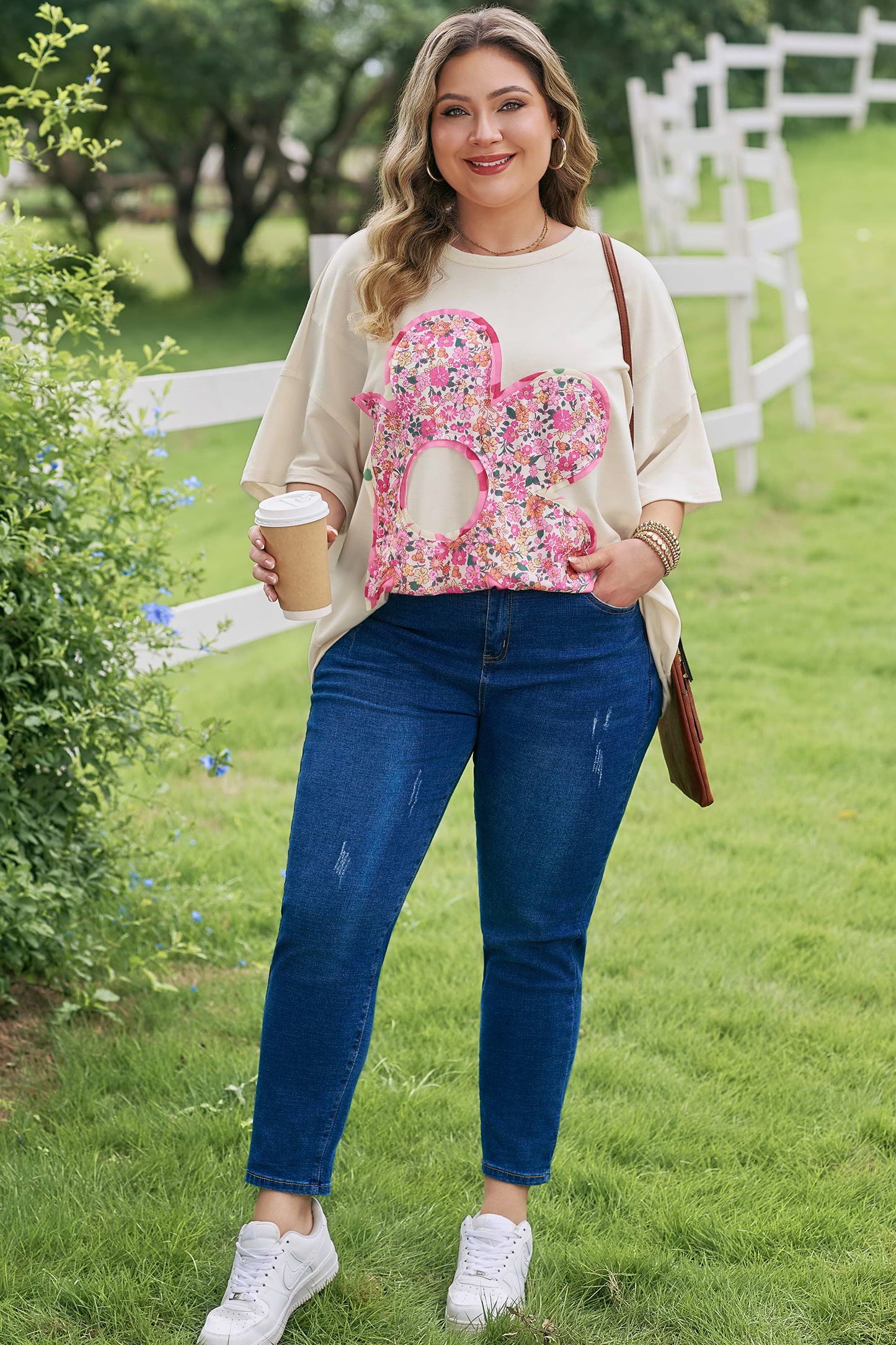 Jet Stream Big Flower Patched Plus Size Tunic T-Shirt-Plus Size/Plus Size Tops/Plus Size Tops & Tees-[Adult]-[Female]-2022 Online Blue Zone Planet