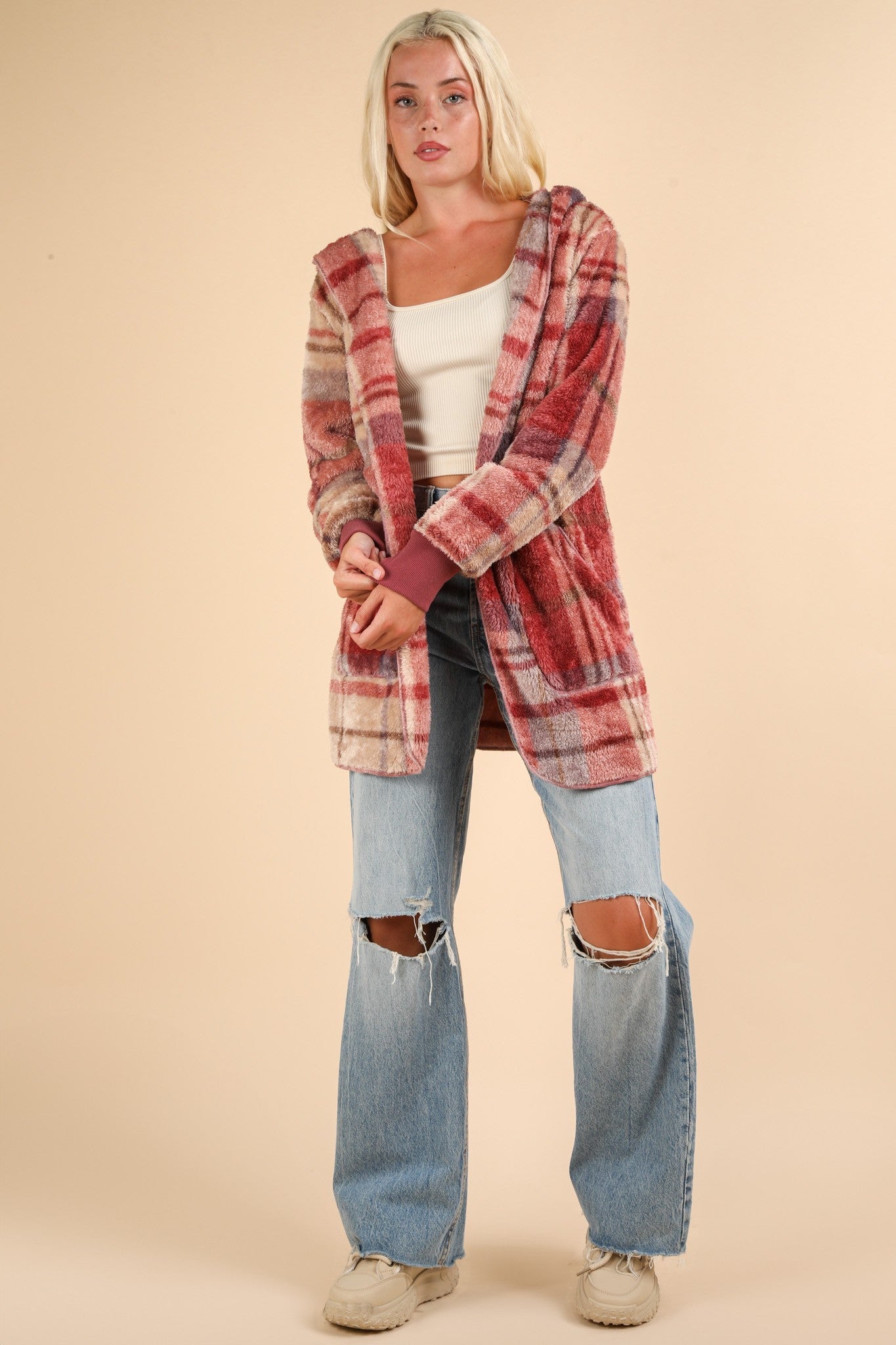 VERY J Fuzzy Plaid Long Sleeve Hooded Jacket-TOPS / DRESSES-[Adult]-[Female]-2022 Online Blue Zone Planet