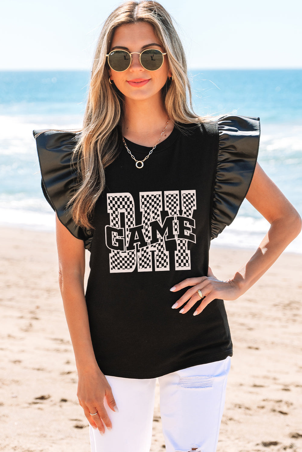 Black Game Day Checkered Letter Graphic Leatherette Ruffle Sleeve Top-Graphic/Graphic Tees-[Adult]-[Female]-2022 Online Blue Zone Planet
