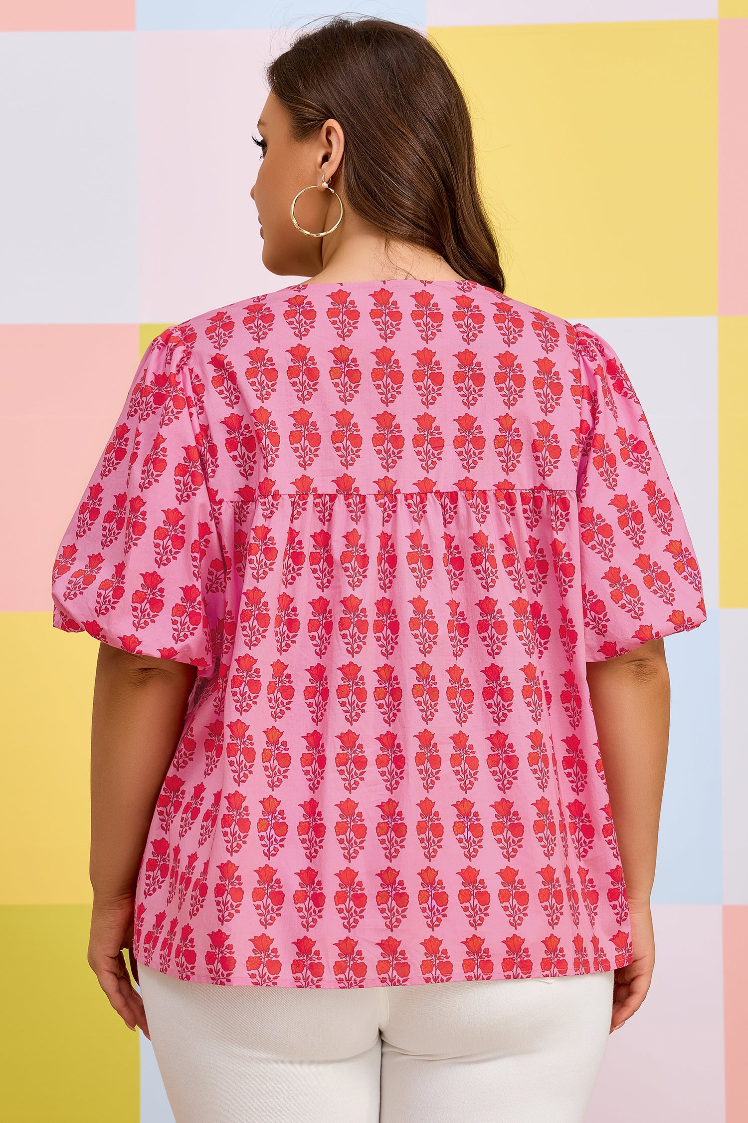Pink Plus Size Floral Print Tassel Tie Puff Sleeve Cotton Blouse-Plus Size/Plus Size Tops/Plus Size Blouses & Shirts-[Adult]-[Female]-2022 Online Blue Zone Planet