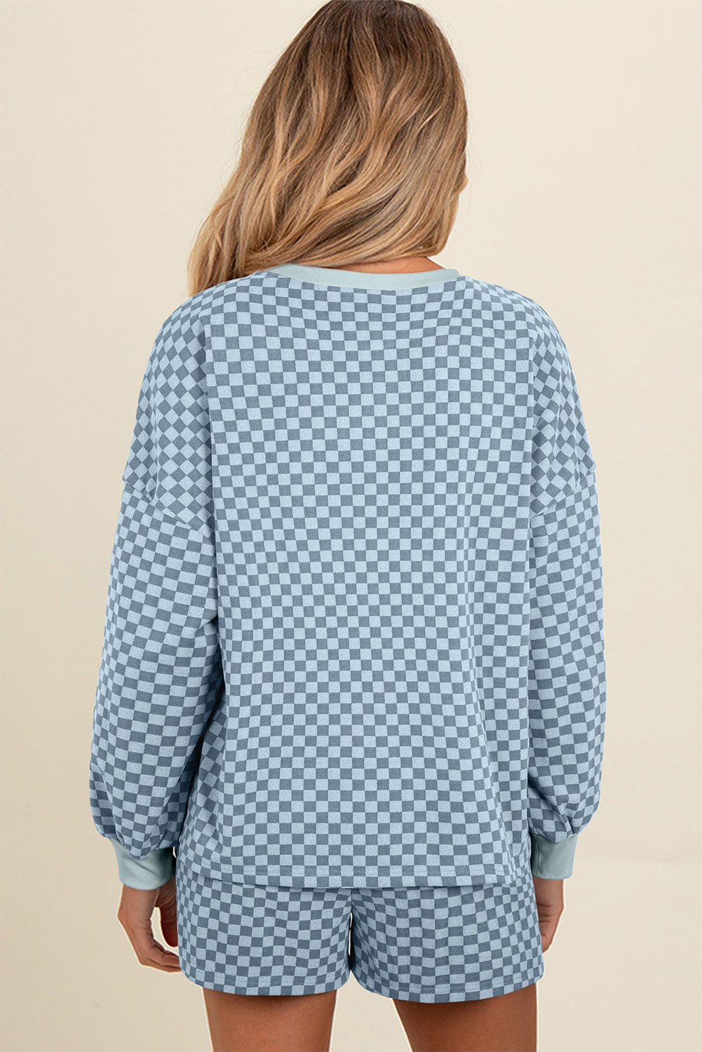 Sky Blue Checkerboard Long Sleeve Pullover and Shorts Set-Two Piece Sets/Short Sets-[Adult]-[Female]-2022 Online Blue Zone Planet