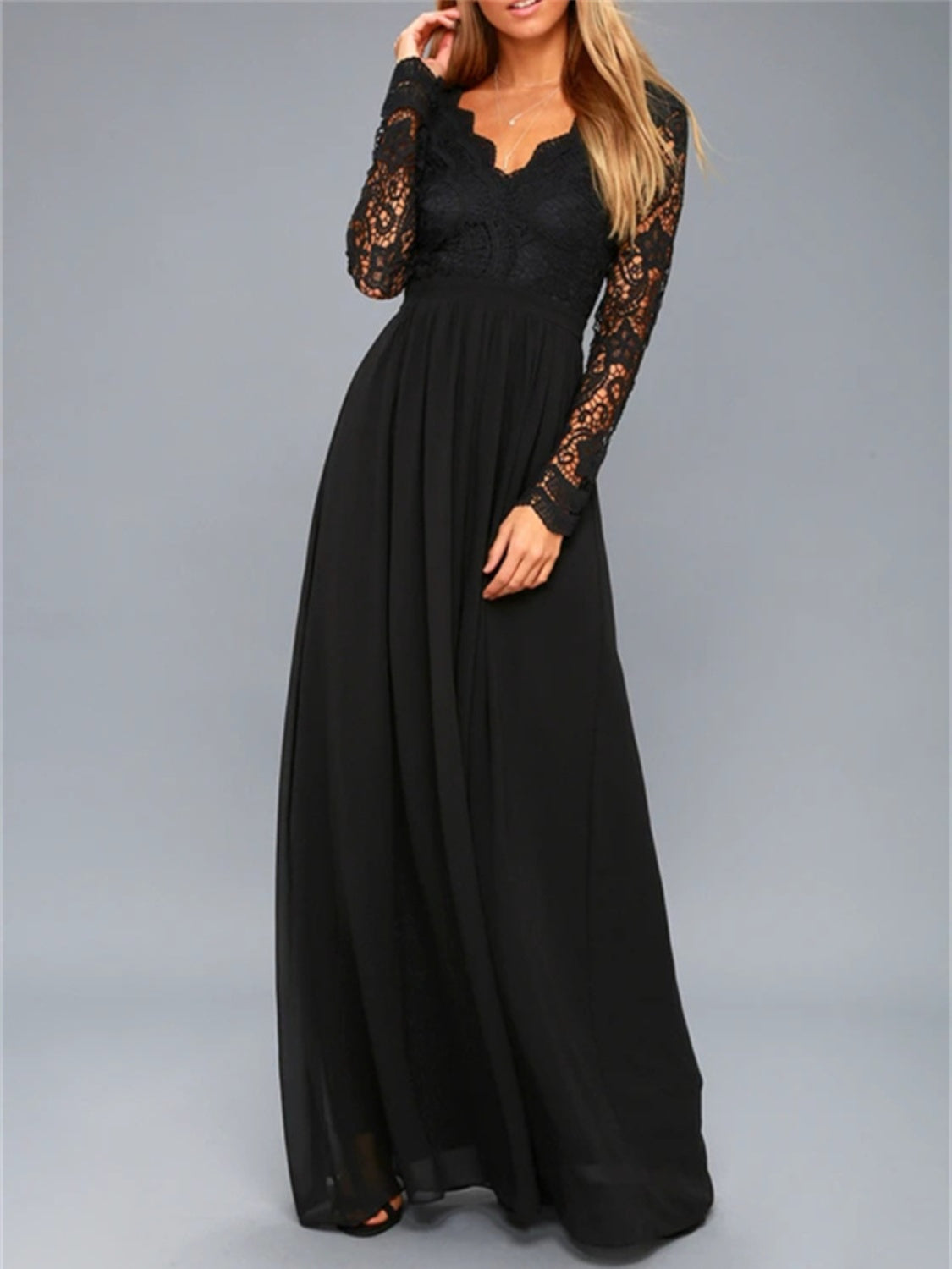 Lace Detail Backless Long Sleeve Maxi Dress-TOPS / DRESSES-[Adult]-[Female]-Black-S-2022 Online Blue Zone Planet