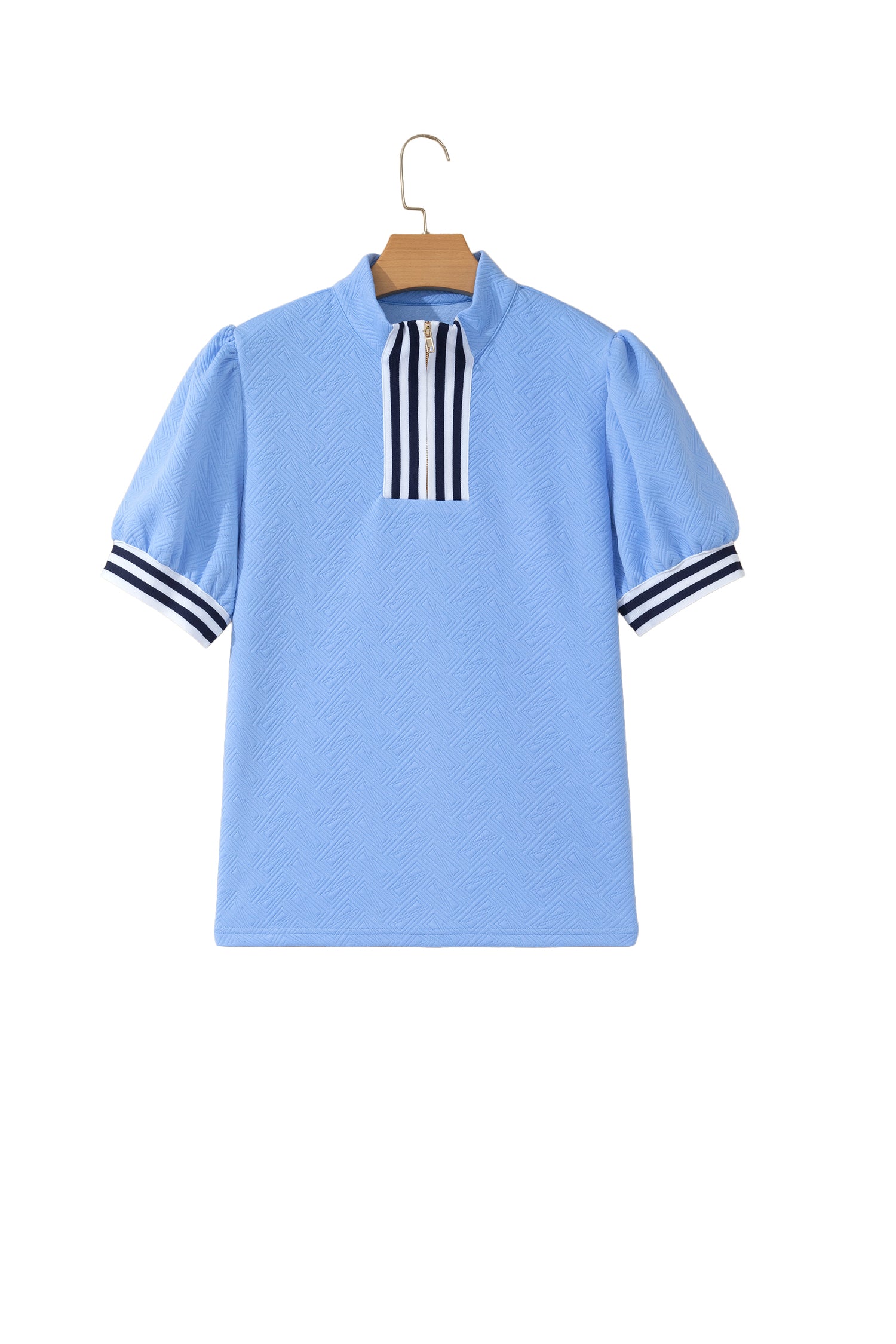 Myosotis Stylish Textured Stripe Trim Split Neck Puff Sleeve Top-Tops/Tops & Tees-[Adult]-[Female]-2022 Online Blue Zone Planet
