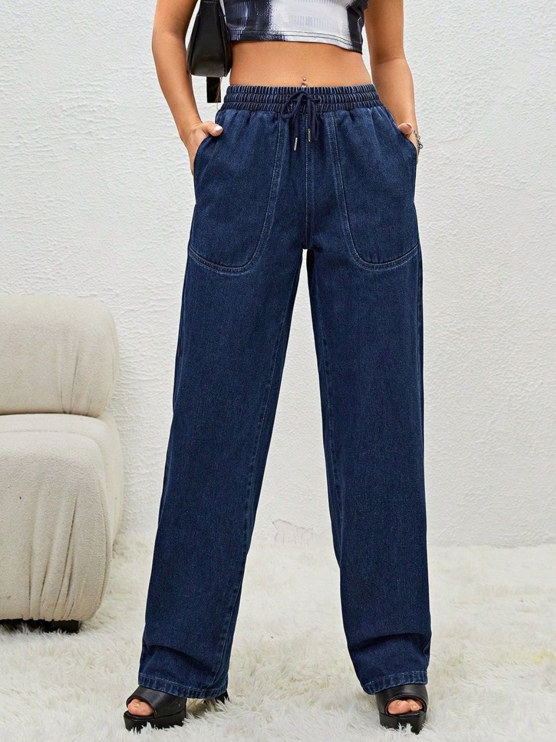 Drawstring Elastic Waist Jeans with Pockets-[Adult]-[Female]-Dark-XS-2022 Online Blue Zone Planet