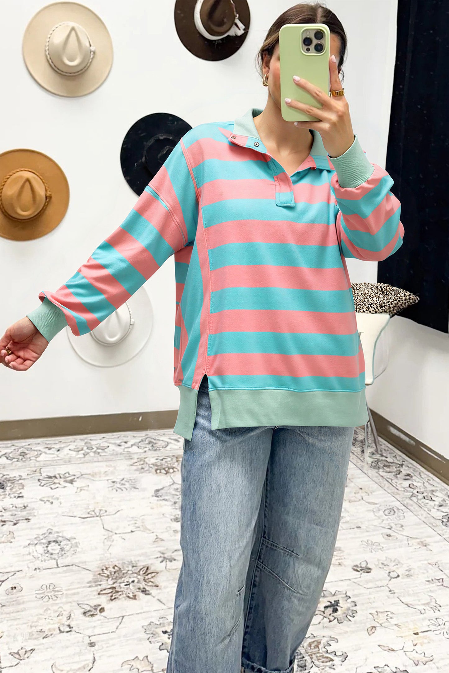 Pink Stripe Colorblock Drop Shoulder Buttoned Collar Side Slit Pullover Top-Tops/Long Sleeve Tops-[Adult]-[Female]-2022 Online Blue Zone Planet