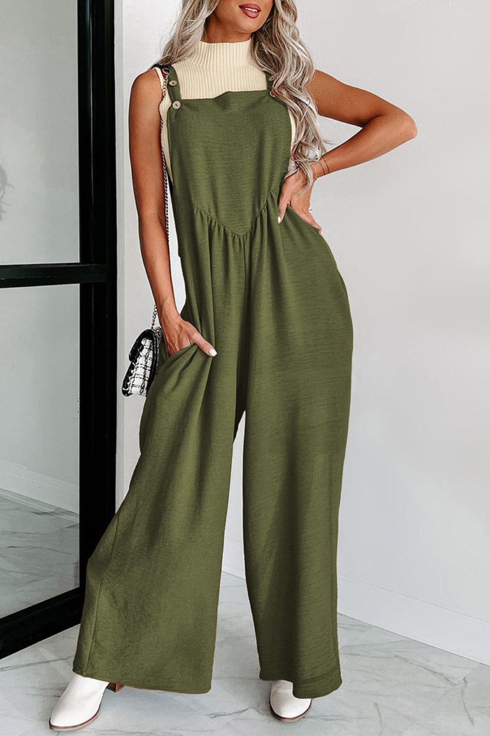 Square Neck Wide Strap Jumpsuit-[Adult]-[Female]-Army Green-S-2022 Online Blue Zone Planet