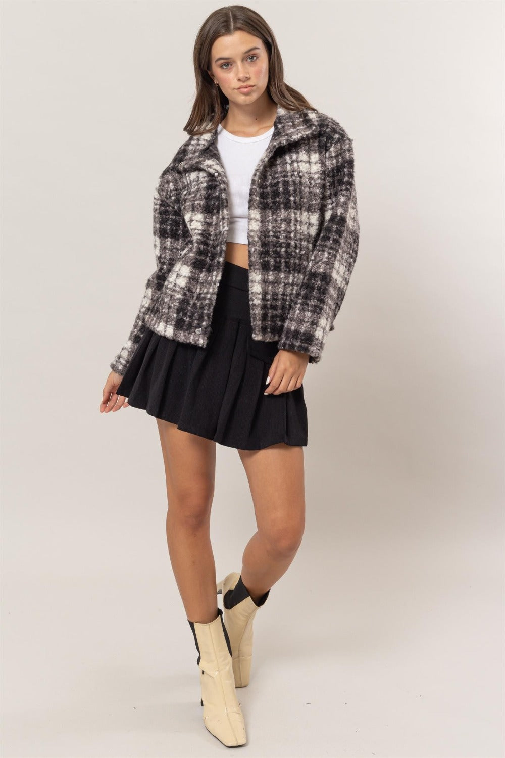 HYFVE Plaid Collared Neck Boucle Jacket with Pockets-TOPS / DRESSES-[Adult]-[Female]-2022 Online Blue Zone Planet