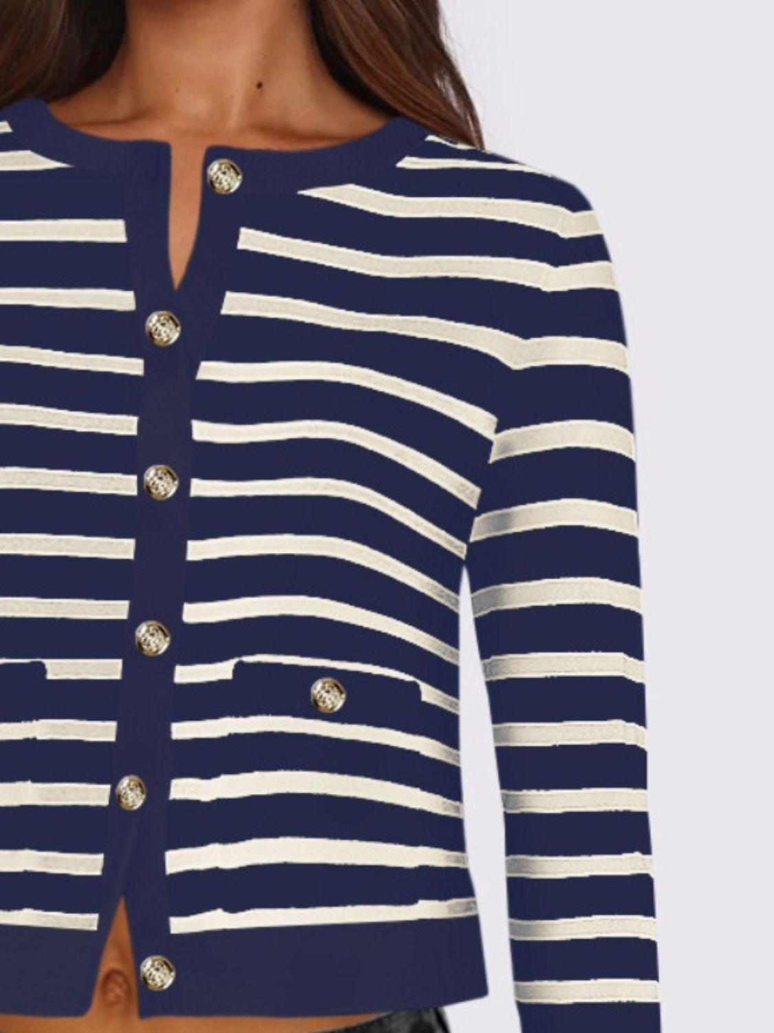 Striped Round Neck Button Up Long Sleeve Cardigan-NEW ARRIVALS-[Adult]-[Female]-2022 Online Blue Zone Planet