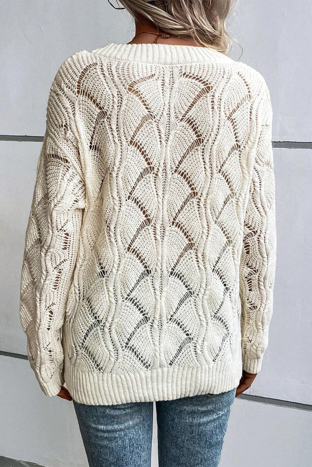 Blue Zone Planet | Beige Hollow Out Knit V Neck Drop Shoulder Sweater-Sweaters & Cardigans/Sweaters-[Adult]-[Female]-2022 Online Blue Zone Planet