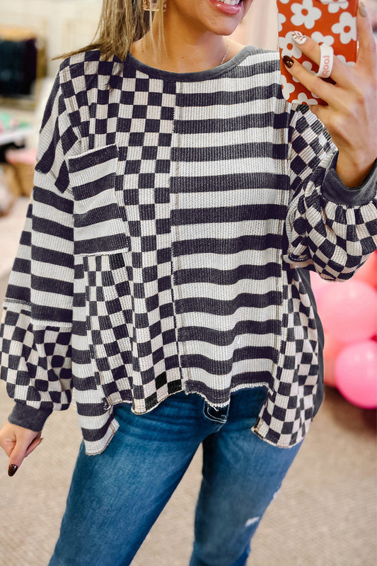 Dark Grey Checkerboard Striped Patchwork Lantern Sleeve Pocketed Blouse-Tops/Long Sleeve Tops-[Adult]-[Female]-Black-S-2022 Online Blue Zone Planet