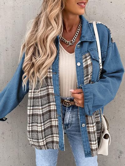 Plaid Button Up Dropped Shoulder Jacket BLUE ZONE PLANET