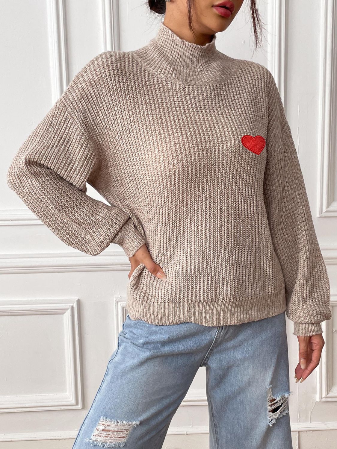 Heart Turtleneck Dropped Shoulder Long Sleeve Sweater-TOPS / DRESSES-[Adult]-[Female]-2022 Online Blue Zone Planet