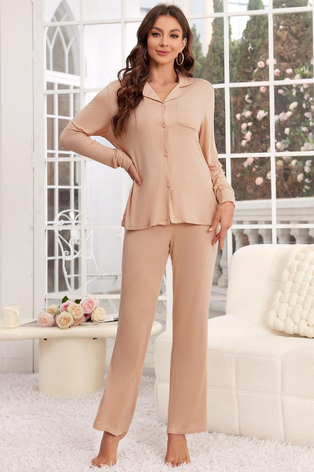 Button Up Long Sleeve Top and Pants Lounge Set-TOPS / DRESSES-[Adult]-[Female]-Apricot-S-2022 Online Blue Zone Planet