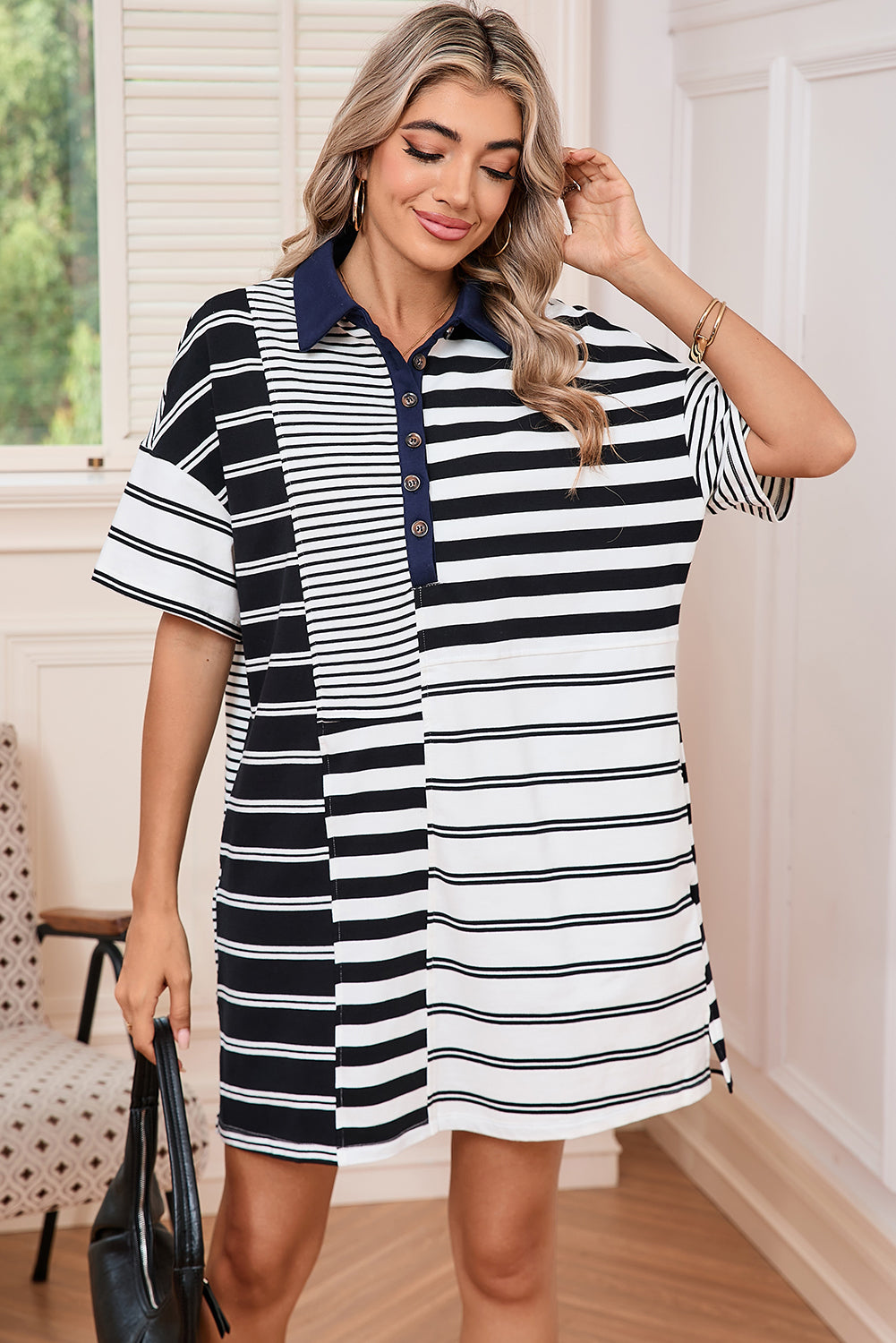 Blue Zone Planet | Black Striped Patchwork Collared Mini Dress-TOPS / DRESSES-[Adult]-[Female]-2022 Online Blue Zone Planet