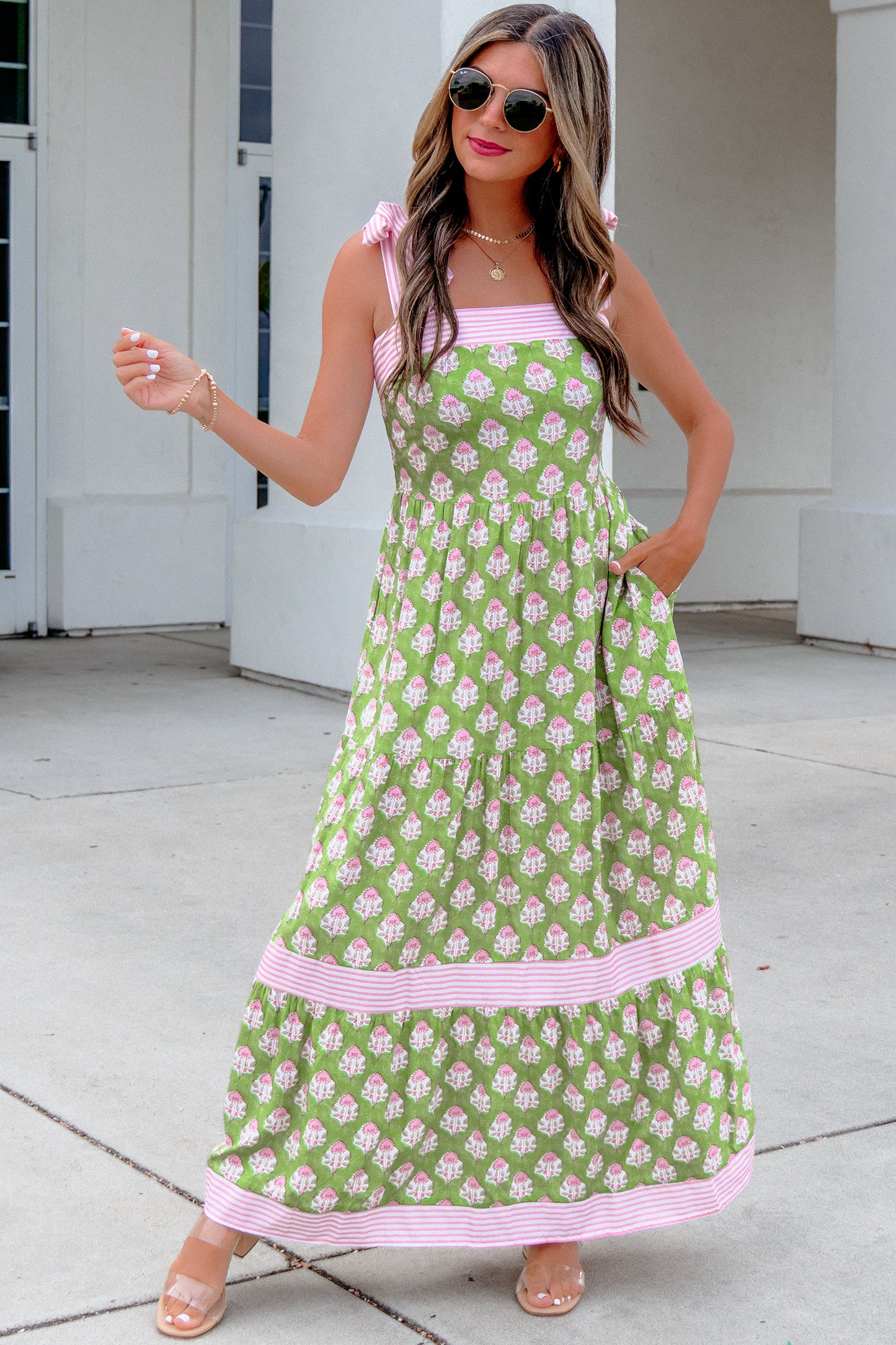 Green Floral Print Striped Detail Knot Straps Maxi Dress-TOPS / DRESSES-[Adult]-[Female]-2022 Online Blue Zone Planet