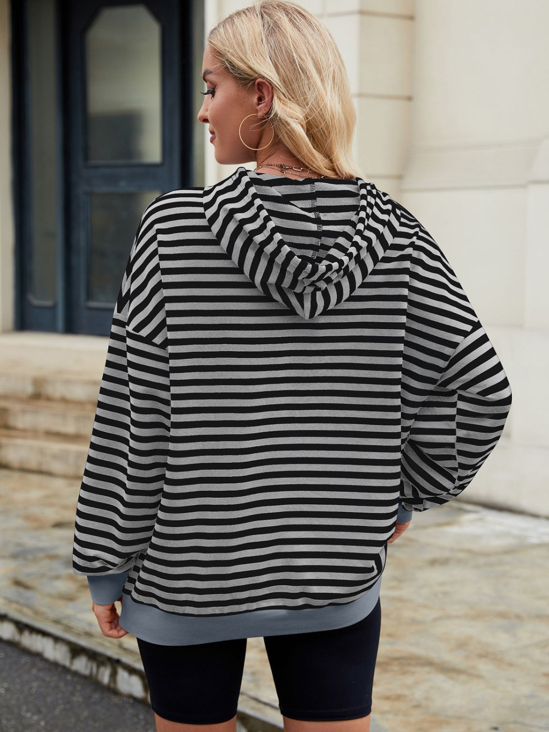 Drawstring Contrast Striped Long Sleeve Hoodie-TOPS / DRESSES-[Adult]-[Female]-2022 Online Blue Zone Planet