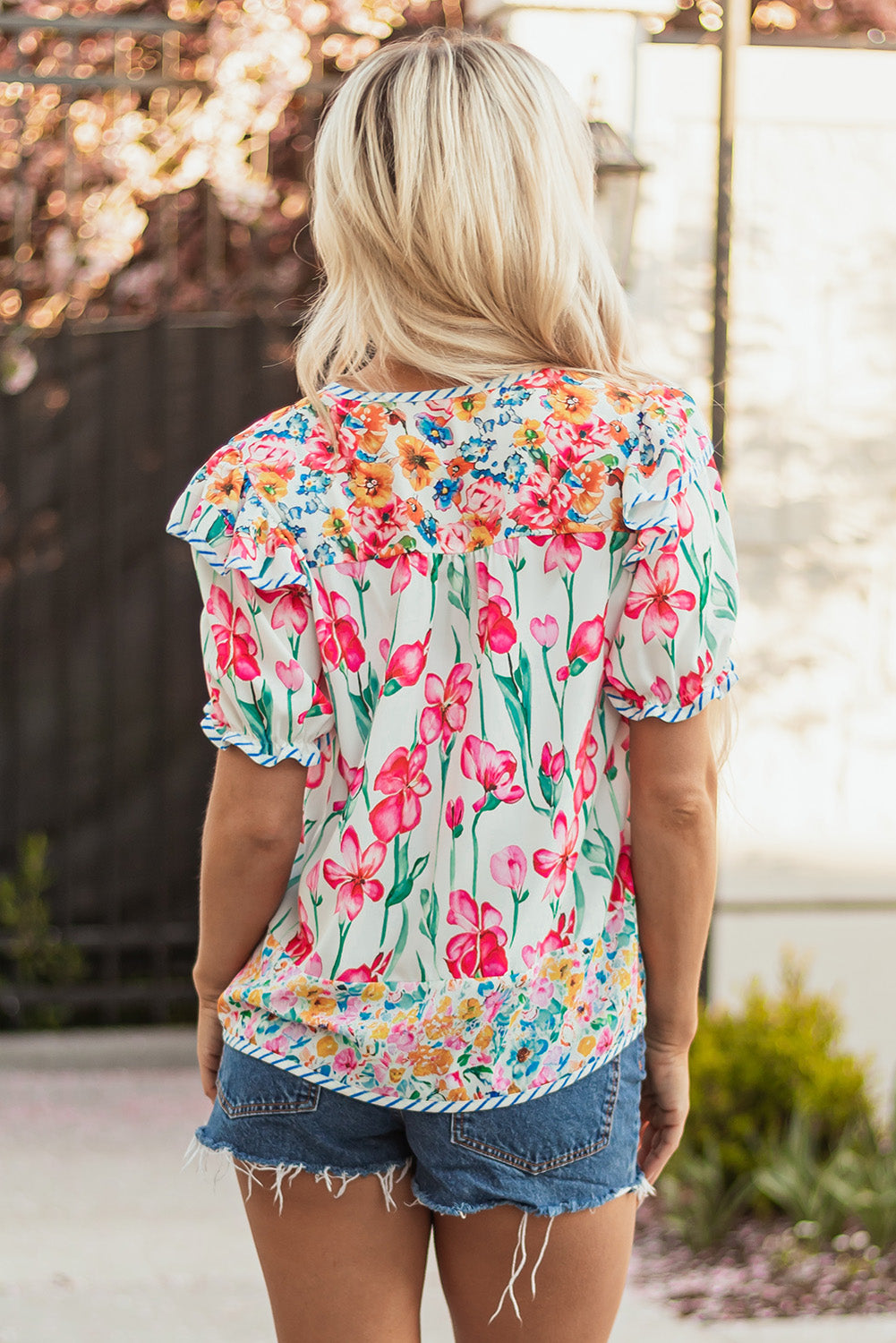Pink Floral Print Striped Detail Split Neck Short Sleeve Blouse-Tops/Blouses & Shirts-[Adult]-[Female]-2022 Online Blue Zone Planet