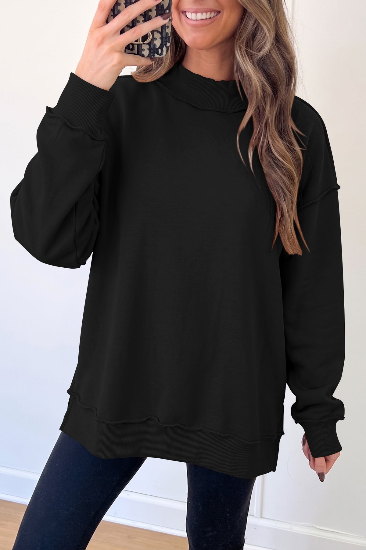 Black Oversize Drop Shoulder Reversible Mock Neck Sweatshirt-Tops/Sweatshirts & Hoodies-[Adult]-[Female]-2022 Online Blue Zone Planet