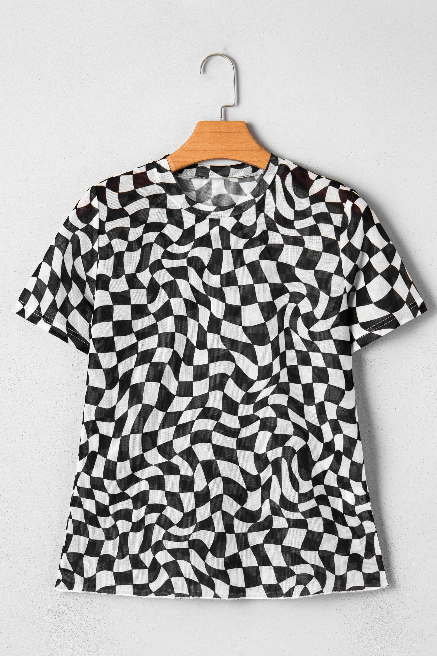Black Checkered Print Mock Neck Mesh T Shirt-Tops/Tops & Tees-[Adult]-[Female]-2022 Online Blue Zone Planet