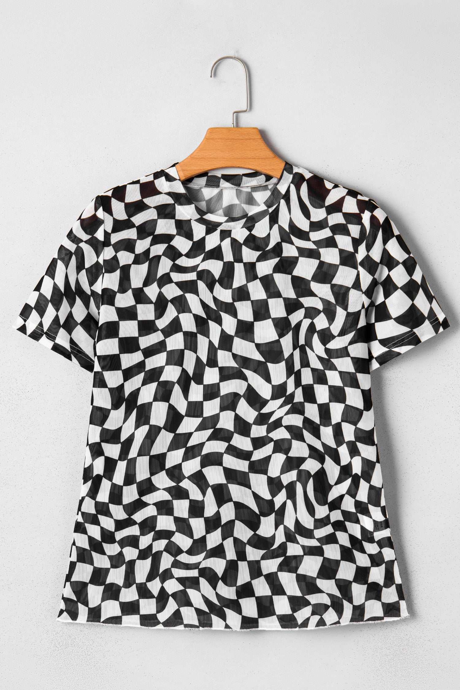 Black Checkered Print Mock Neck Mesh T Shirt-Tops/Tops & Tees-[Adult]-[Female]-2022 Online Blue Zone Planet