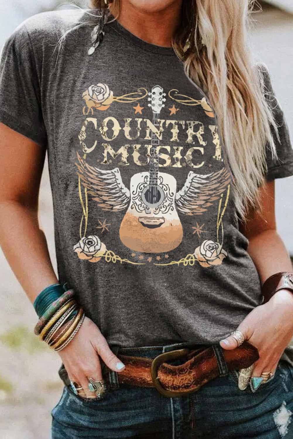 Gray Country Music Guitar Graphic Print Crew Neck T Shirt-Graphic/Graphic Tees-[Adult]-[Female]-Gray-S-2022 Online Blue Zone Planet