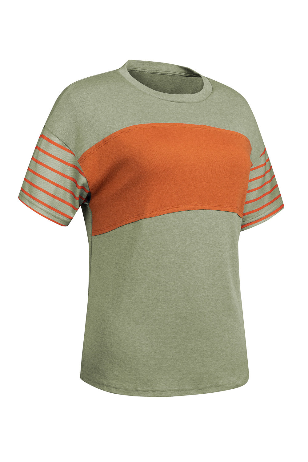 Laurel Green Color Block Striped Detail Loose T Shirt-Tops/Tops & Tees-[Adult]-[Female]-2022 Online Blue Zone Planet