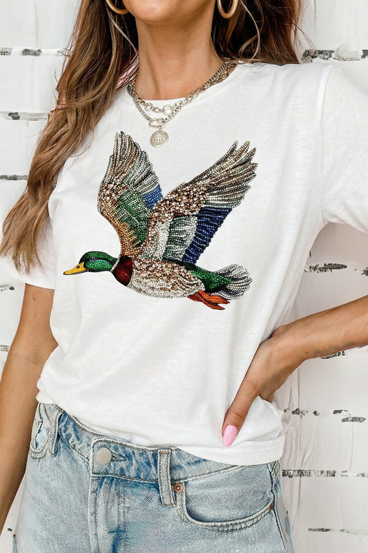 White Flying Mallard Print Crew Neck T Shirt-Graphic/Graphic Tees-[Adult]-[Female]-White-S-2022 Online Blue Zone Planet
